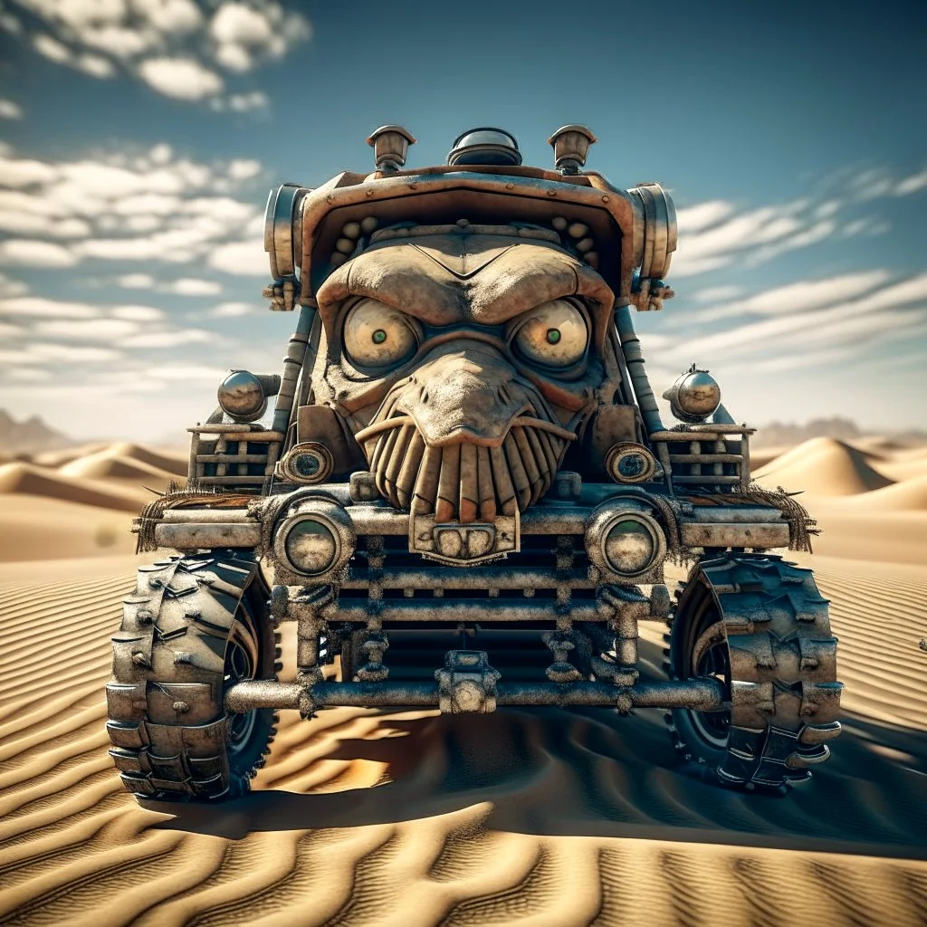 selfie of dangerous bot driving a truck in the desert, photo-realistic, shot on Hasselblad h6d-400c, zeiss prime lens, bokeh like f/0.8, tilt-shift lens 8k, high detail, smooth render, down-light, unreal engine, downlight