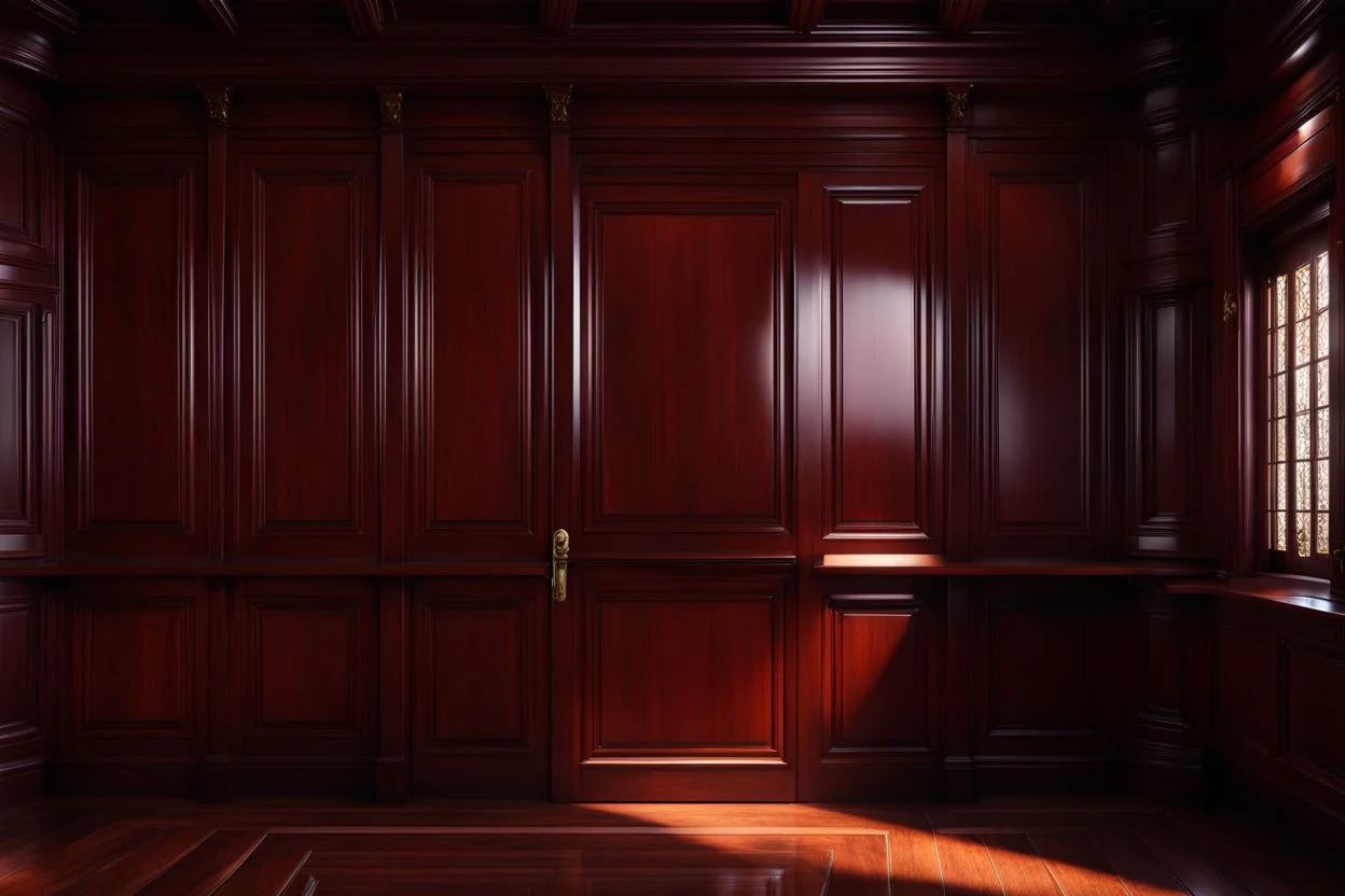 Picture of a study with mahogany panelled walls and a heavy wooden door, photorealistic, dark fantasy, 4k