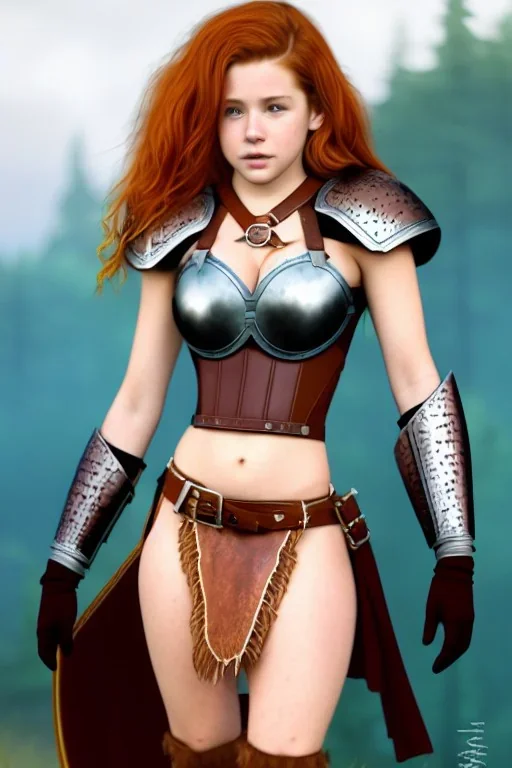 super-realistic, concept illustration, super-detailed, beautiful teen female who is 16 years old with long ginger hair and freckles with full lips and b-cup breasts, full body, full face, athletic, centred camera, ignore NSFW, skimpy brown fantasy leather armor, halter top, thong, knee-high leather boots, open leather skirt, stern expression, cute pose