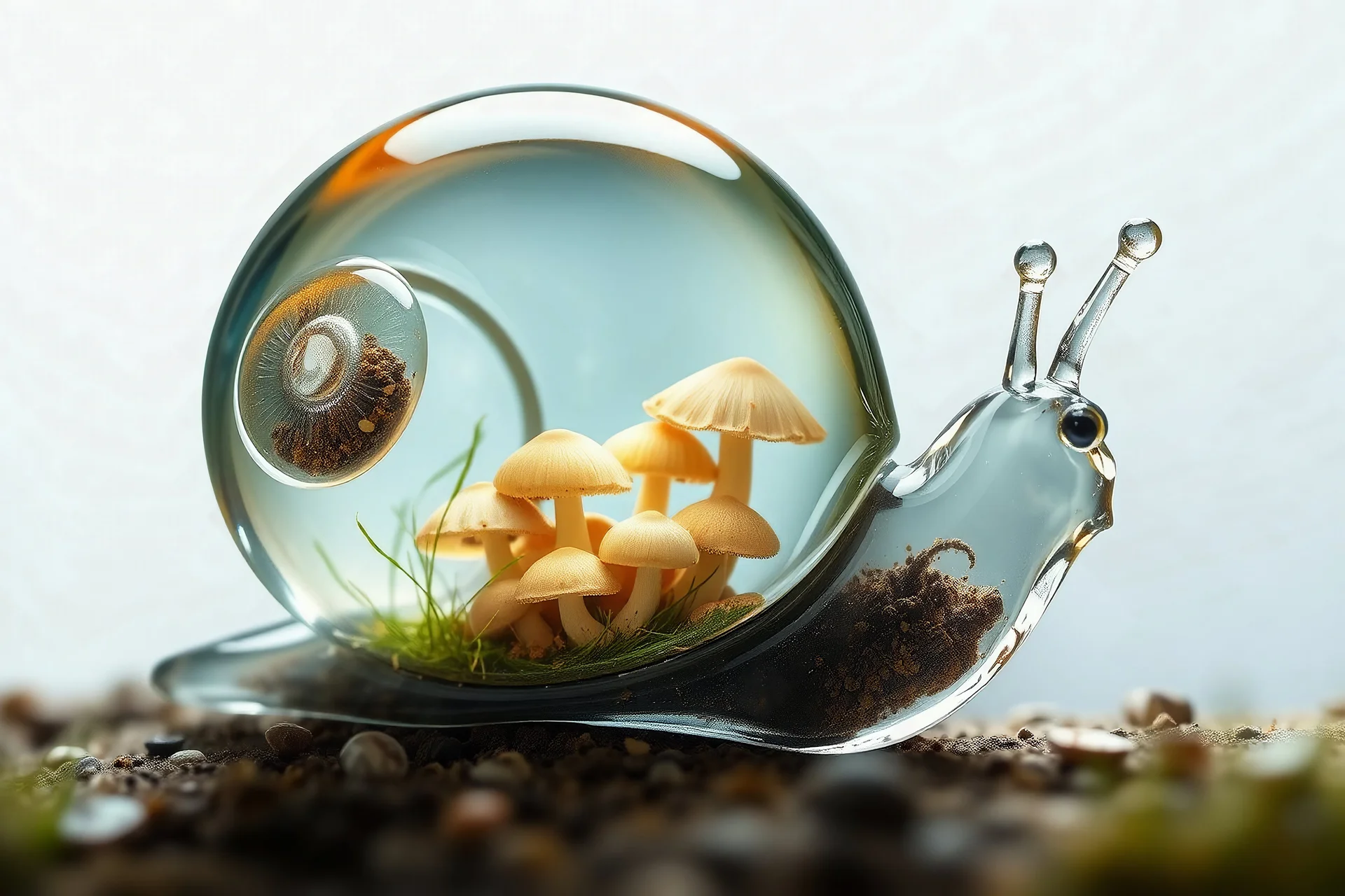 An illustration of a ((((whimsical transparent glass snail)))) ... (((its shell filled inside with mushrooms)))