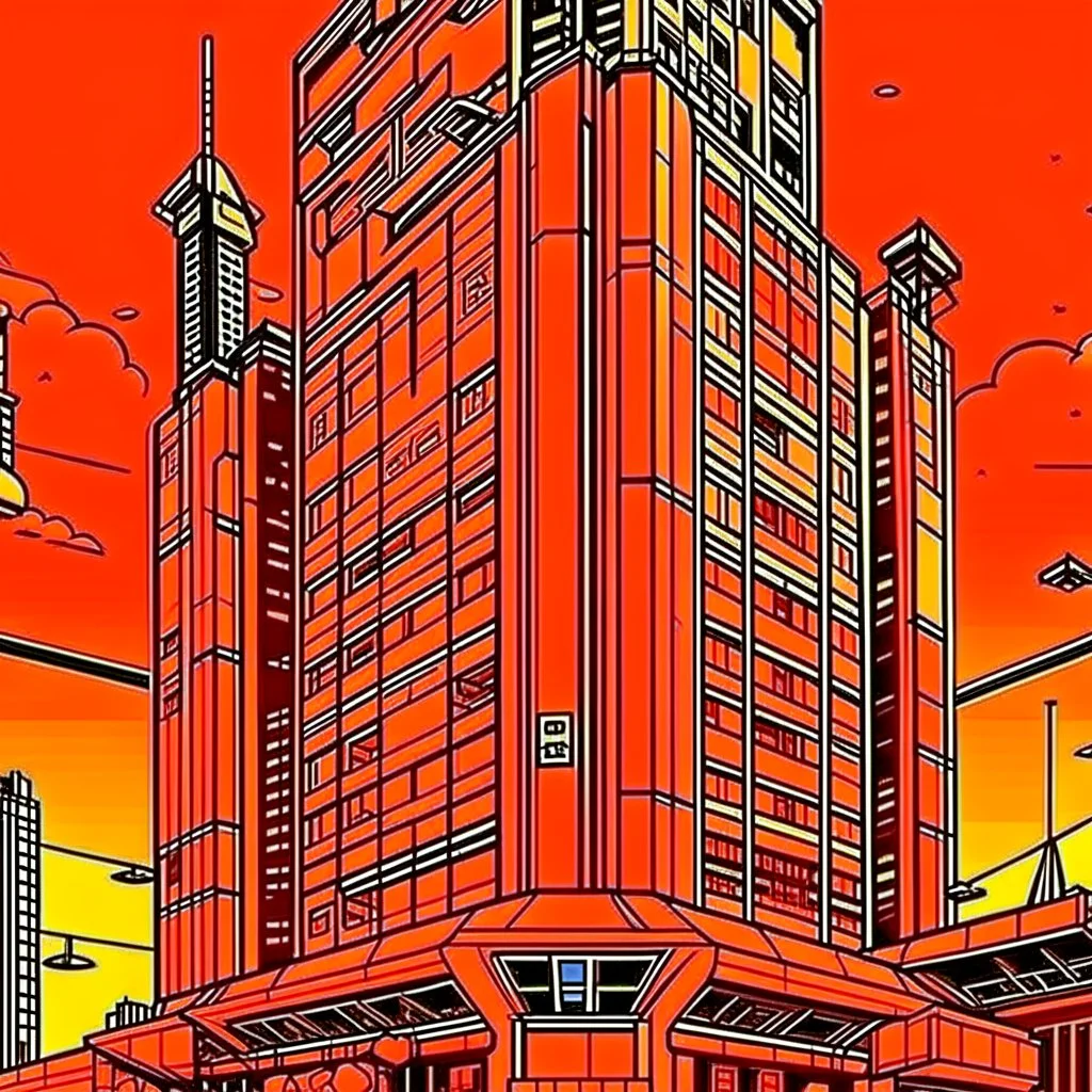 cyberpunk retro futuristic for comics skyscraper from far away in orange