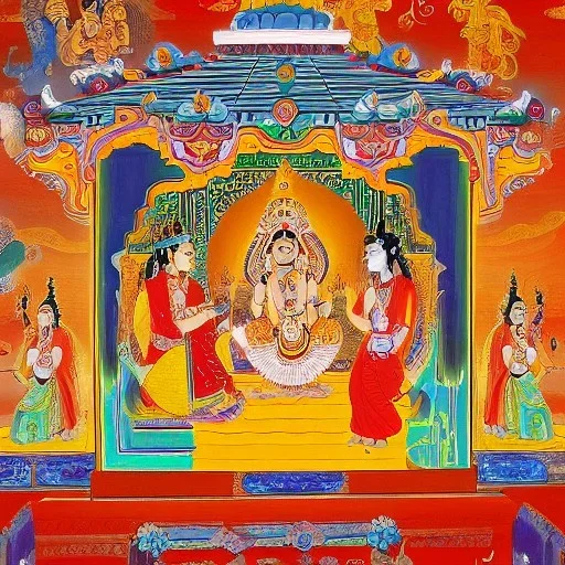 spiritual consciousness of Indian temple architecture in Tibetian painting style surrounded by mystical creatures performing fire ritual