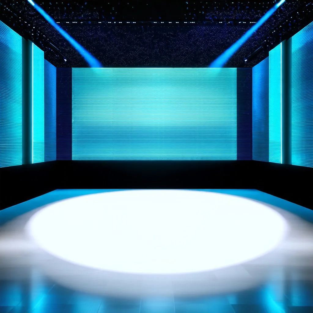 beautiful dance stage with no dancers in luxury modern hall dynamic lights, modern furniture light blue & gray theme