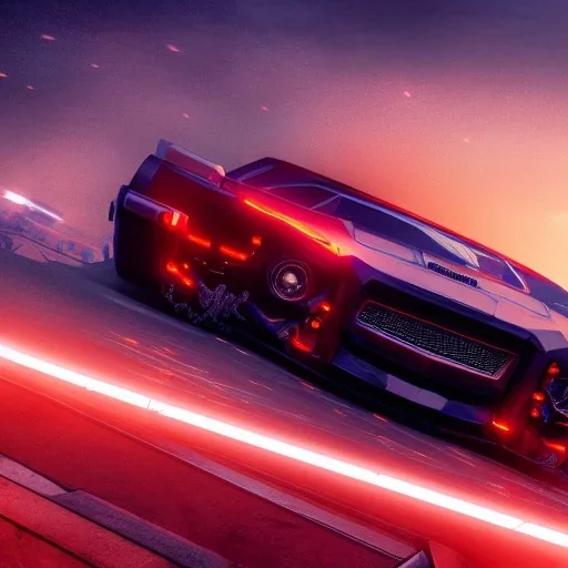 cyberpunk,landscape ,cars , GUITARS, cinamatic, highly detailed, close up, 4k , deep colours, gold , fire , red, purple,dark ,etheral , utopia , apocalypse, flying Cadillac, from outer space