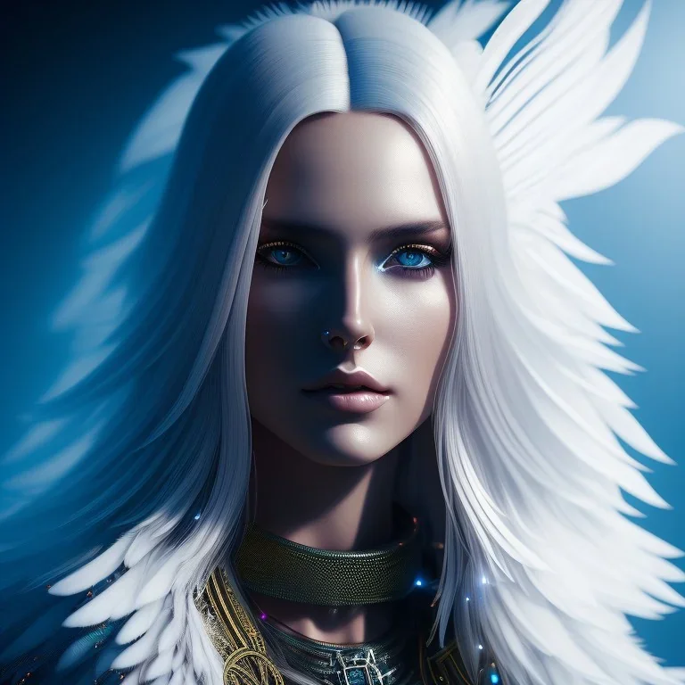 A beautiful portrait of a cute cyberpunk woman with long blond hair, high key lighting, volumetric light high details with white stripes and feathers and blue luminous celtic paterns