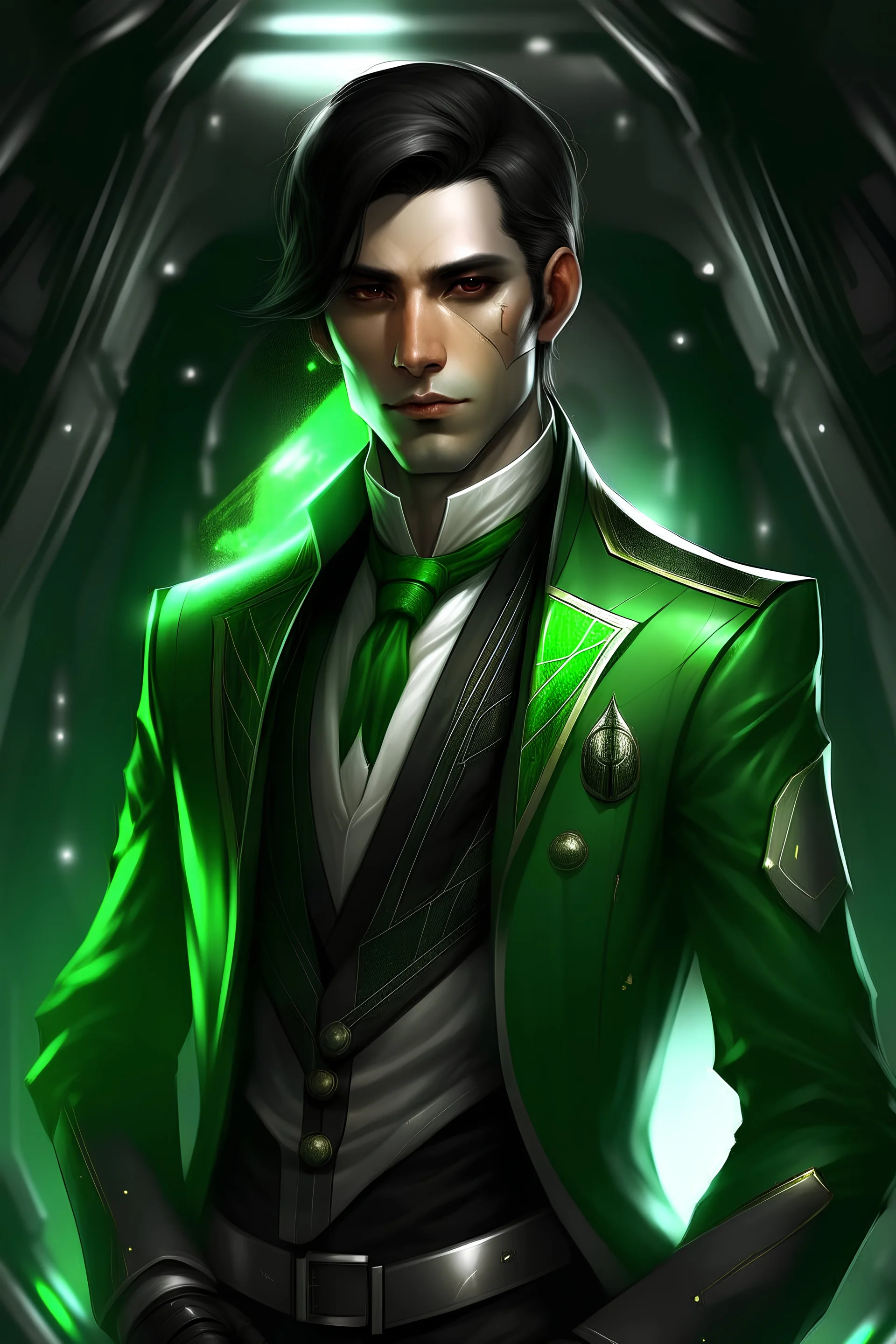 galactic man black haired green eyed suit dressed nice lips tall cavalry