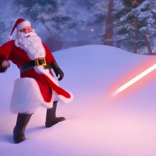 Santa lightsaber duel, swinging at a can of soup