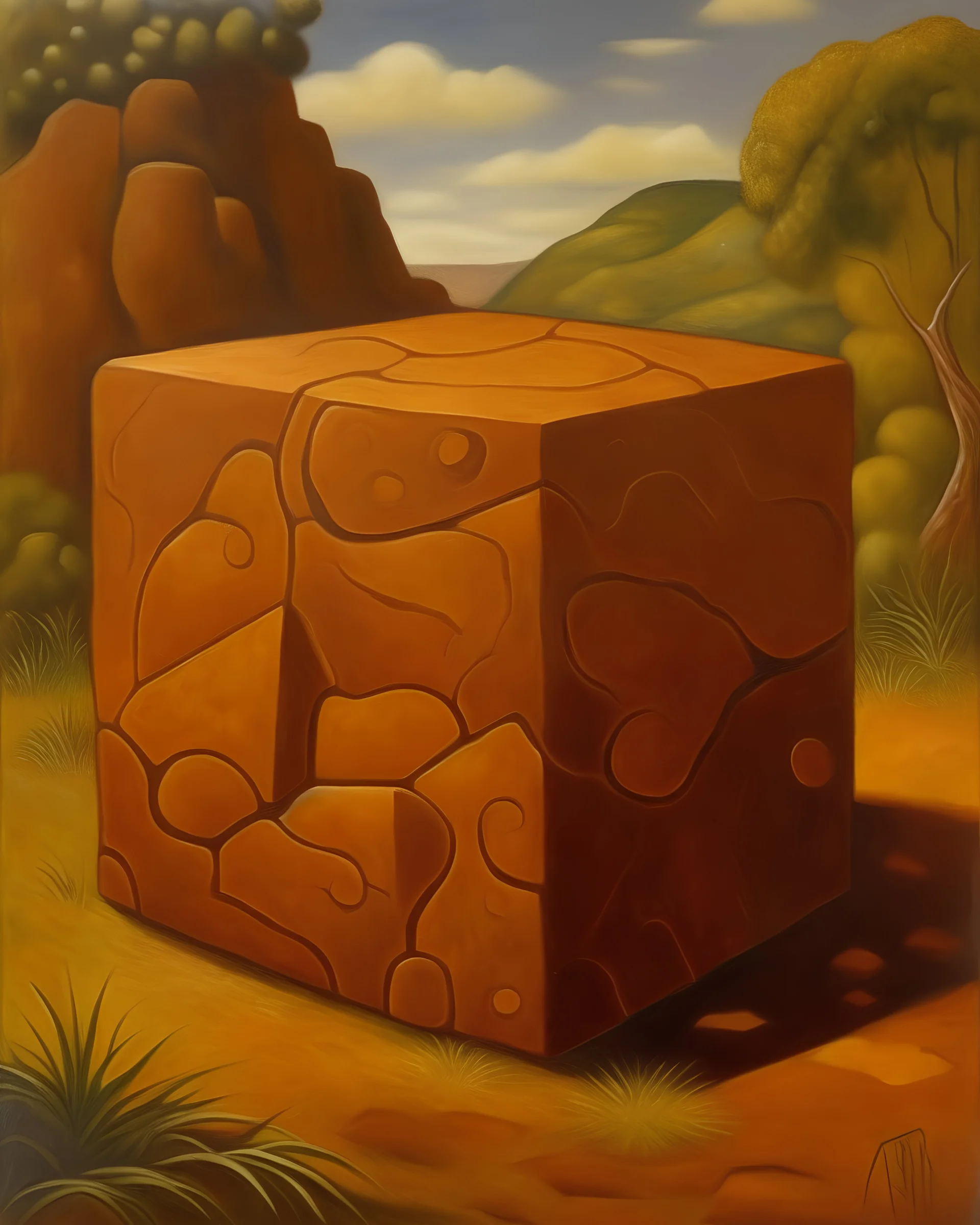 A brown cube-shaped rock painted by Paul Ranson