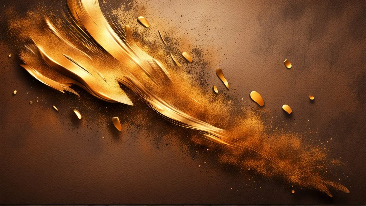 Hyper Realistic glowing-golden-groovy-brush-strokes-texture-with-embers on brown-rustic-wall-background with shadows