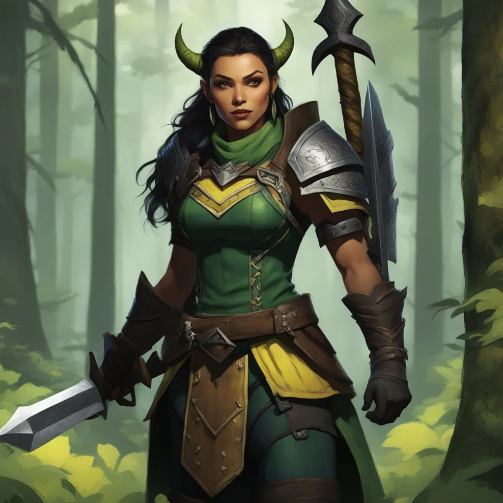(in the forest) Vex'na is about six feet tall, with shoulders broad enough to suggest she could wield that axe with ease. Her teeth are yellow, her skin bears the mottled green-brown pattern typical of her heritage, but the way she carries herself marks her as someone who has survived to more dangers than most half-orcs manage at ther age in this unforgiving world. There are scars across her arms and neck, white against the darker skin, each one telling a story of battles survived. Her eyes, whe