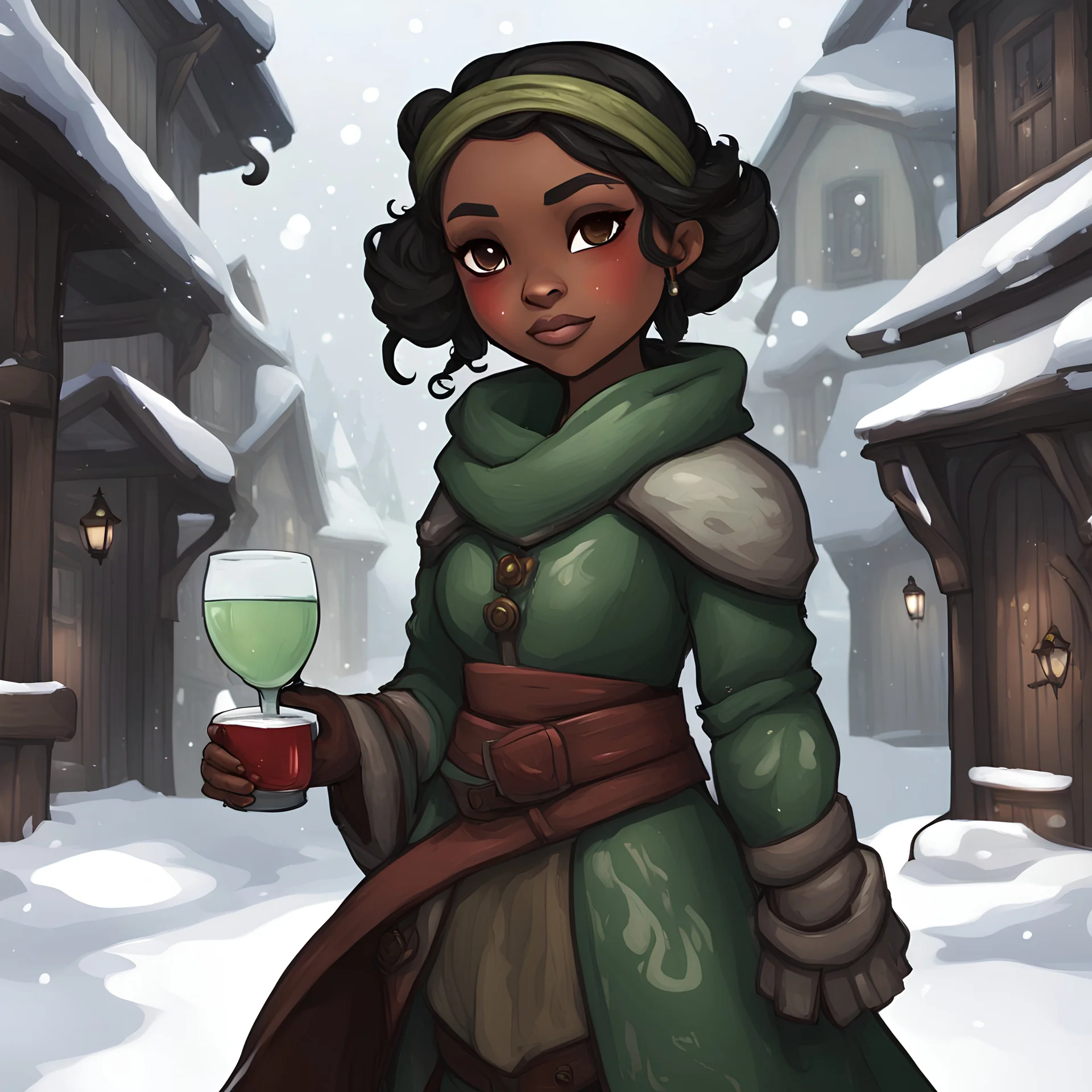 Abannah is a female redguard with dark skin plated dark hair and a brown headband dressed in a winter dress of green and dark green swirls and walks around the snowy streets of Windhelm with a glass of wine in her hand, in chibi art style