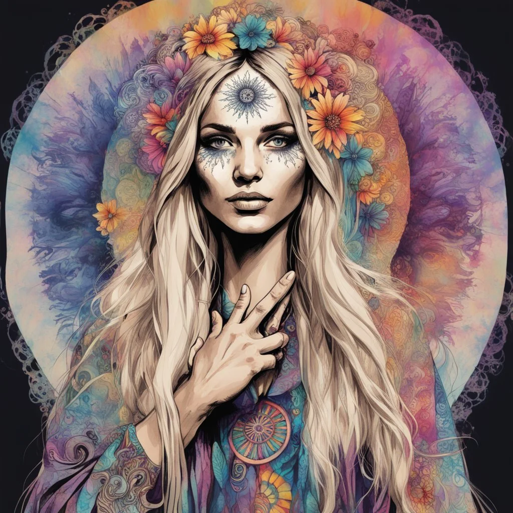 sketch illustration, tie dye wearing pretty hippie woman with aflower in her long blonde hair giving the victory sign with fingers, background is psychedelic zentangle, peace signs, by Russ Mills and Alex Grey