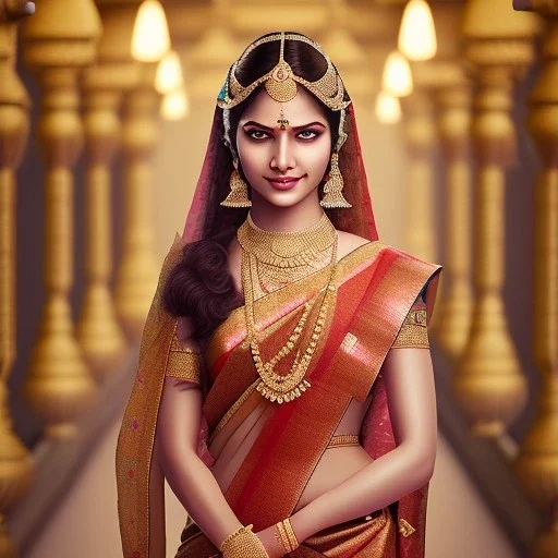 smiling indian princess in a sari, dark skin, in a temple, perfect composition, hyperrealistic, super detailed, 8k, high quality, intricate details, highly detailed