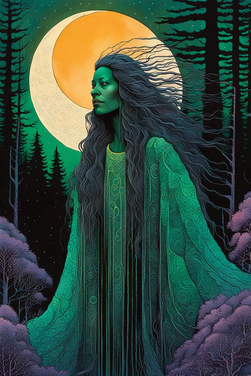 create an abstract expressionist lithograph of a ghostly tribal druid priestess, with highly detailed, delicate feminine facial features, inhabiting an ethereal Northern forest of ancient hemlocks, in the comic book style of Jean Giraud Moebius, David Hoskins, and Enki Bilal, precisely drawn, sharply defined, boldly inked, with the vibrant colors of the midnight moon