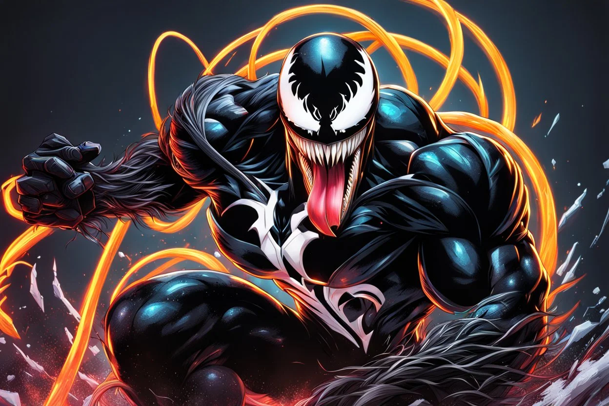 Venom 8k anime sci-art drawing style, wearing a suit, neon effect, close picture, snow, apocalypse, intricate details, highly detailed, high details, detailed portrait, masterpiece,ultra detailed, ultra quality