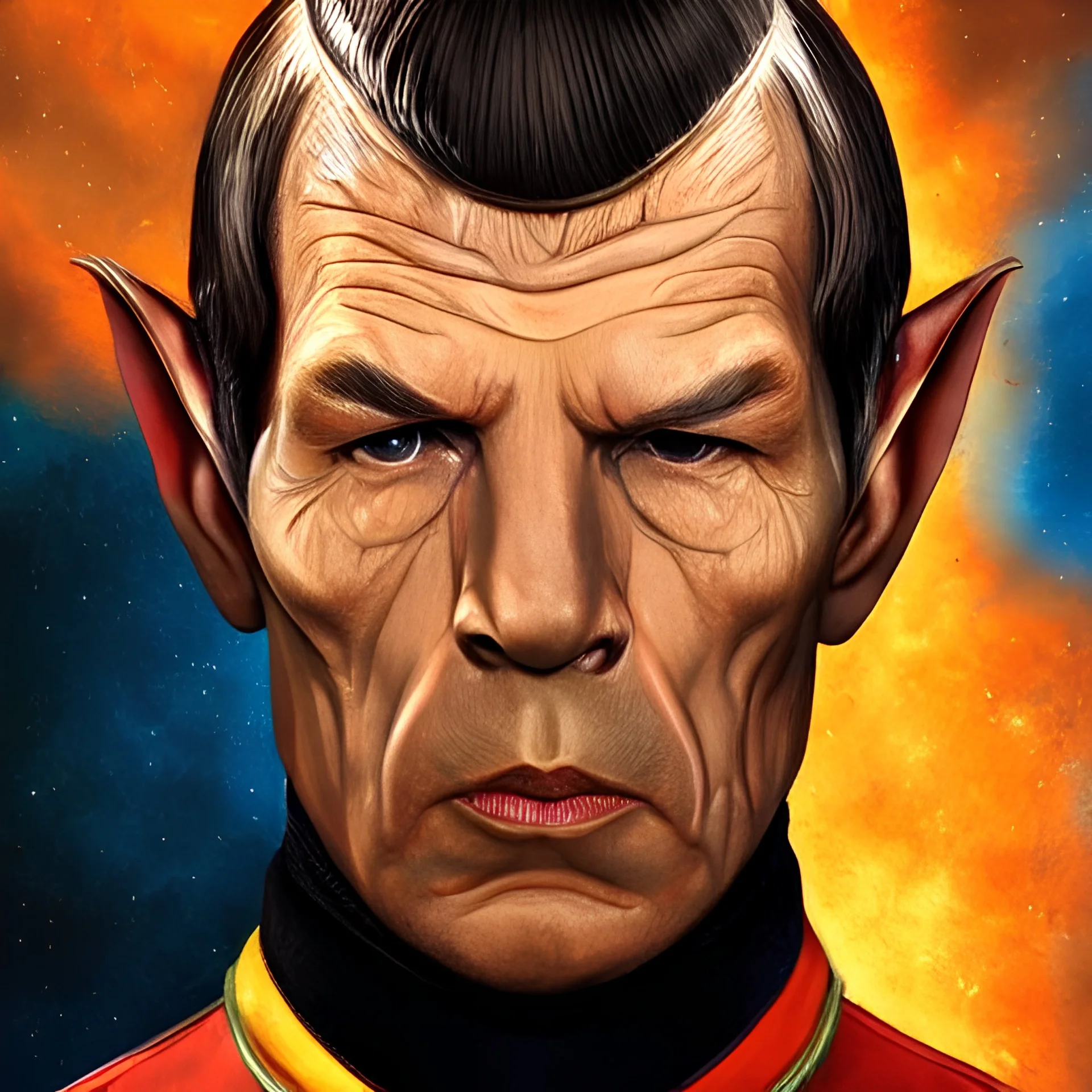 symmetry!! face portrait of Mr. Spock with raised eyebrow, sci-fi, space, starfleet backgroundm intricate, elegant, highly detailed, digital painting, artstation, concept art, smooth, sharp focus, blur, short focal length, illustration, art by artgerm