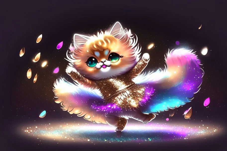 a cute fluffy chibi cat dancer in metallic silky shined colourful dress dynamically dancing and throwing up shiny metallic glitters