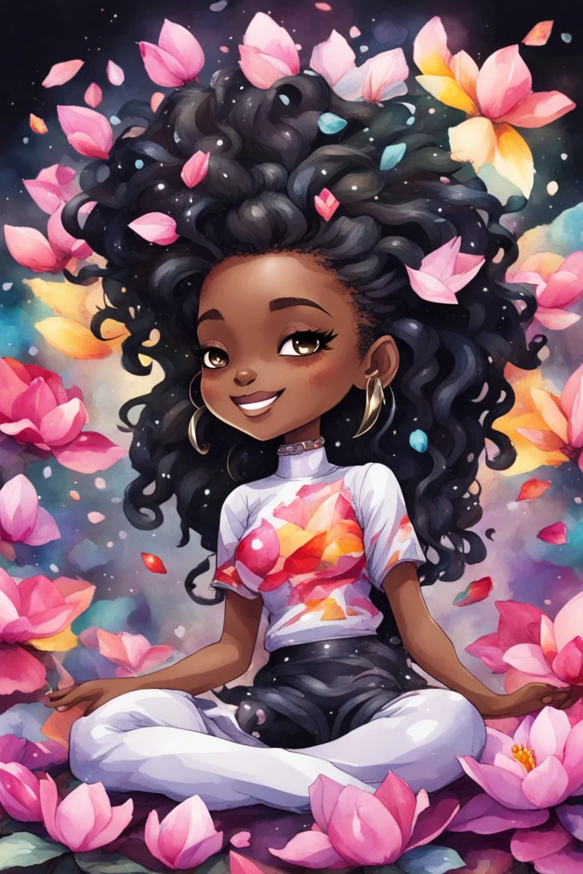 A sassy futurism watercolor colorful art cartoon black chibi girl lounging lazily on her side, surrounded by colorful magnolia flower petals. Looking up coyly, she grins widely, showing her platinum and diamond cap teeth. Highly detailed black shiny dread locs , regal expression.