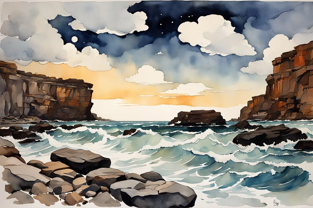 Clouds, rocks, cliffs, rocky land, sci-fi and fantasy, beyond and trascendent, 90's sci-fi movies influence, winslow homer watercolor paintings