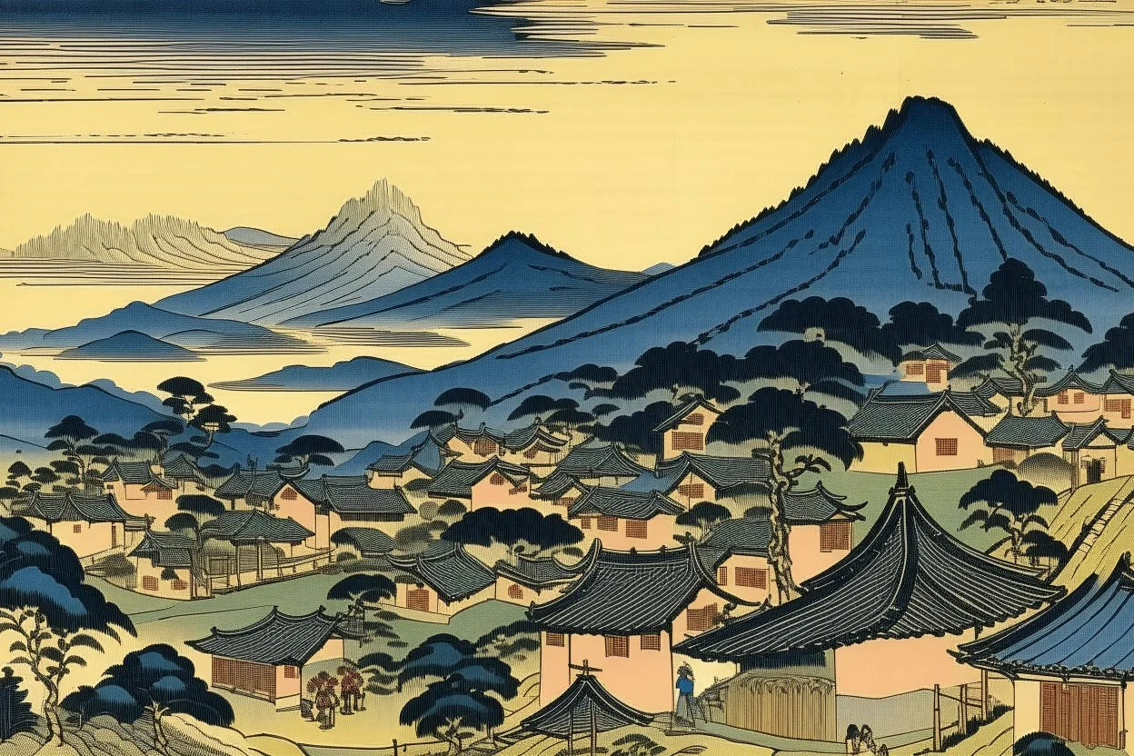 A black village in a shadow realm painted by Katsushika Hokusai
