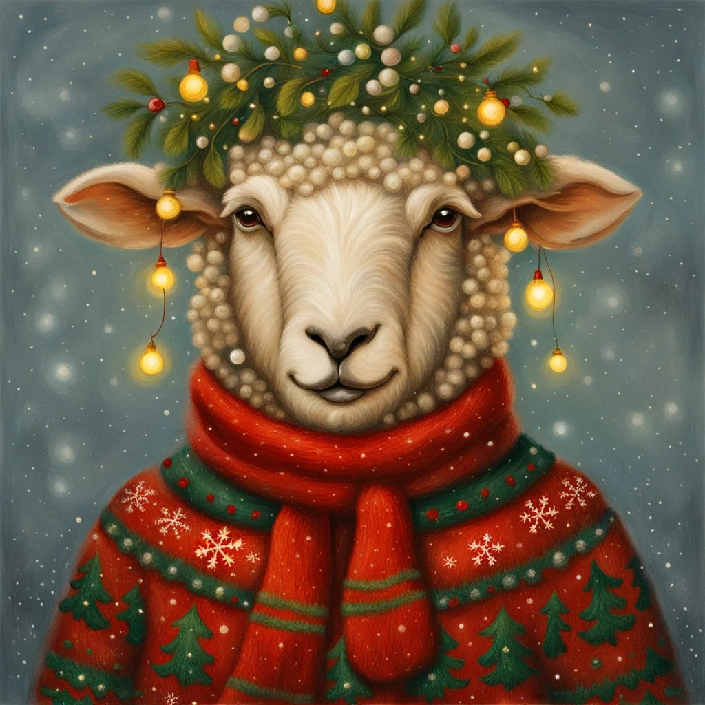 festive Whimiscial sheep in snow, with lights dressed for Christmas in holiday sweater