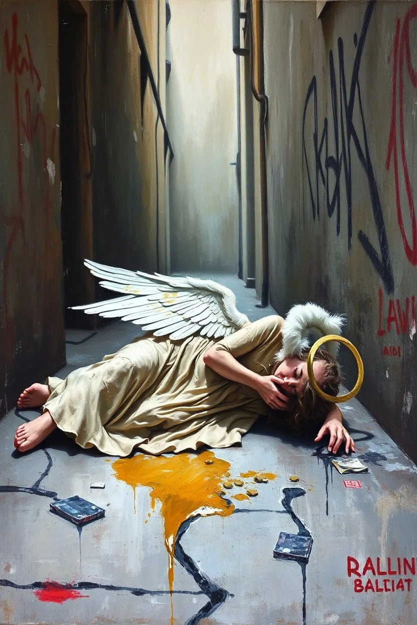 Abstract grunge oil painting of an Urban alley grunge scene, fallen angel laying on ground in ripped robes, white stained wings, feathers misplaced, slight glowing, but broken halo. Dirty walls, graffiti in Latin, oil on the ground. Harsh shadows and goth undertones. areal view looking down , messy brush strokes, close up