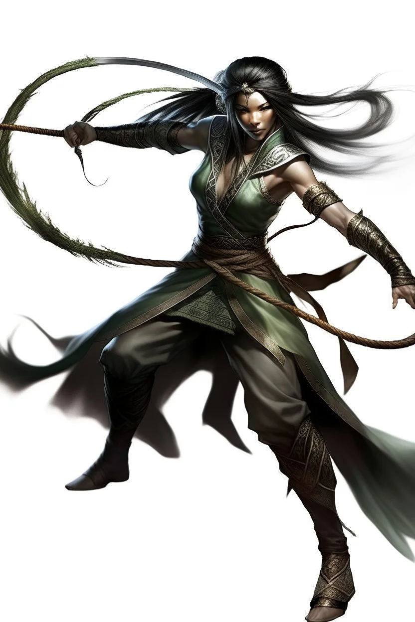 female Shadar-Kai wielding a Whip a whip made out of black thorns