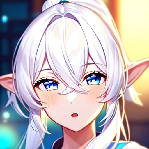 Clear focus, 8k, beautiful lighting, vibrant colors, Elf, White hair, ponytail, hair in between the eyes, up close,