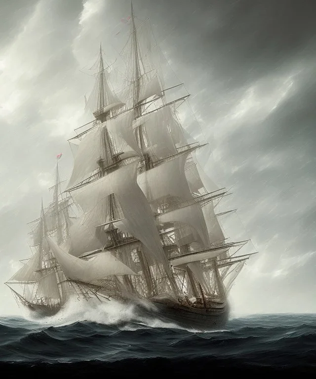 tall ship, storm, full sail, clear skies, mild seas