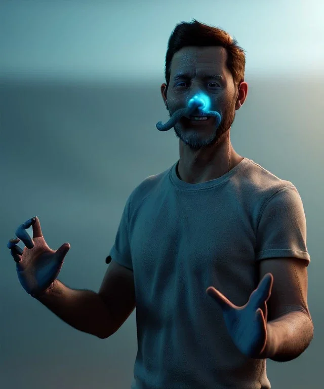 Realistic image, waist up view, a guy making the fuck you gesture with his hand, blue smoke coming out of his eyes, nose and mouth. Happy, smile, soft color, highly detailed, unreal engine 5, ray tracing, RTX, lumen lighting, ultra detail, volumetric lighting, 3d, finely drawn, high definition, high resolution.