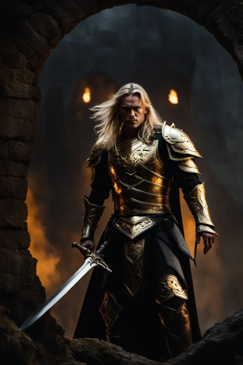 40 year man with lightly tanned skin and long blonde hair, wearing black armour with a golden wolf on his chest, dark fantasy