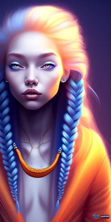 human kingfisher girl with long blue hair and orange strand of hair wearing a blue winter coat and a gold necklace