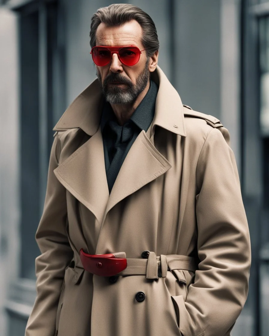 a man who looks like hans gruber wearing a trench coat and red sunglasses staring with an irritated look on his face