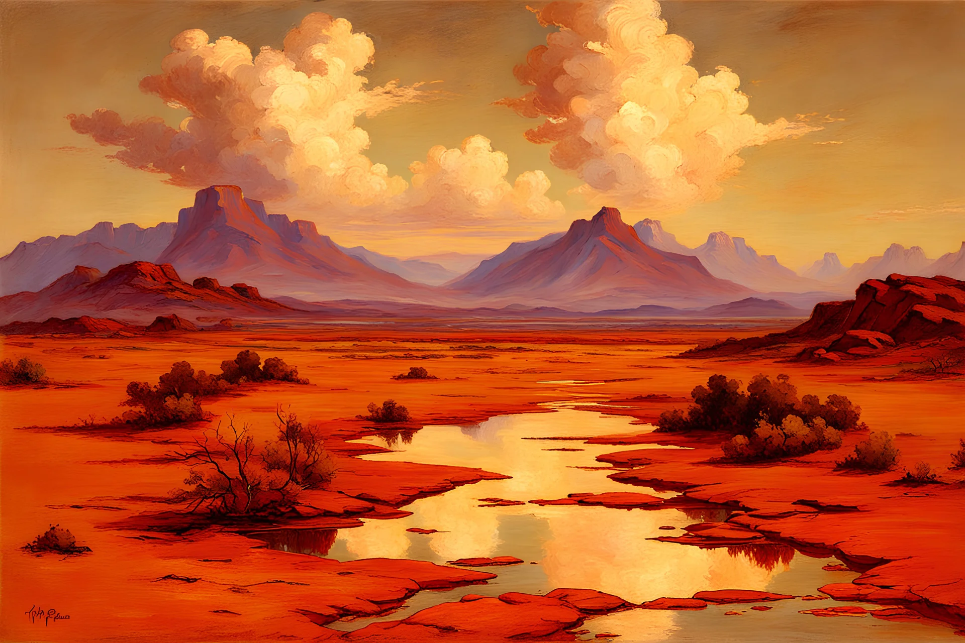 Arid land, clouds, mountains, rocks, puddle, vegetation, otto pippel impressionism painting
