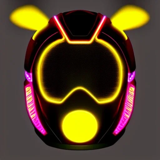 cyber bee, sci-fi, rounded face, blood, black, gold, brown, samurai helmet, decorative color feathers, retro, simetric, circuits, neon style, a lot of led lights, fog, rain, leather, vibrant color, highly detailed, art stations, concept art, smooth, unreal engine 5, god rays, ray tracing, RTX, lumen lighting, ultra detail, volumetric lighting, 3d, finely drawn, high definition, high resolution.