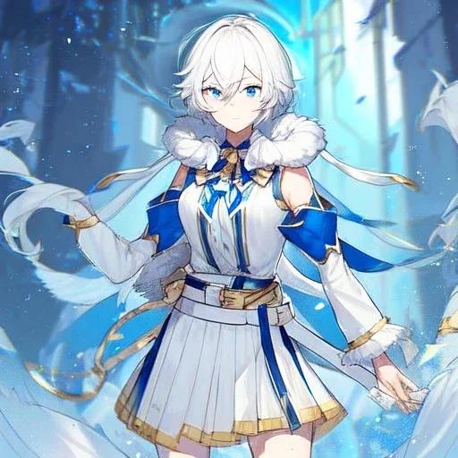 Clear focus, High resolution, rough line sketch art, short fluffy white hair, hair between eyes, fluffy hair, blue eyes, wearing a sleeveless shirt, wearing a a pleated skirt , detailed outfit, lots of details, bow on belt, white belt, white and blue everywhere on outfit, cut sleeve, yellow chains around outfit, concept art