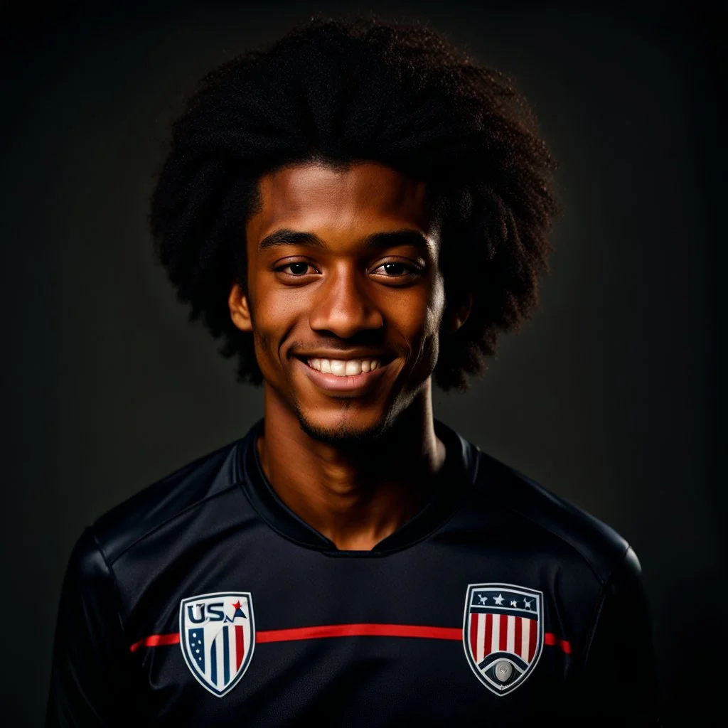 85mm DSLR color photography of a very detailed headshot fitting all of head and hair in frame. 20-year-old USA soccer player, with black hair color and with small facial hair and has a brown skin tone and has a small afro with a small smile, grey background