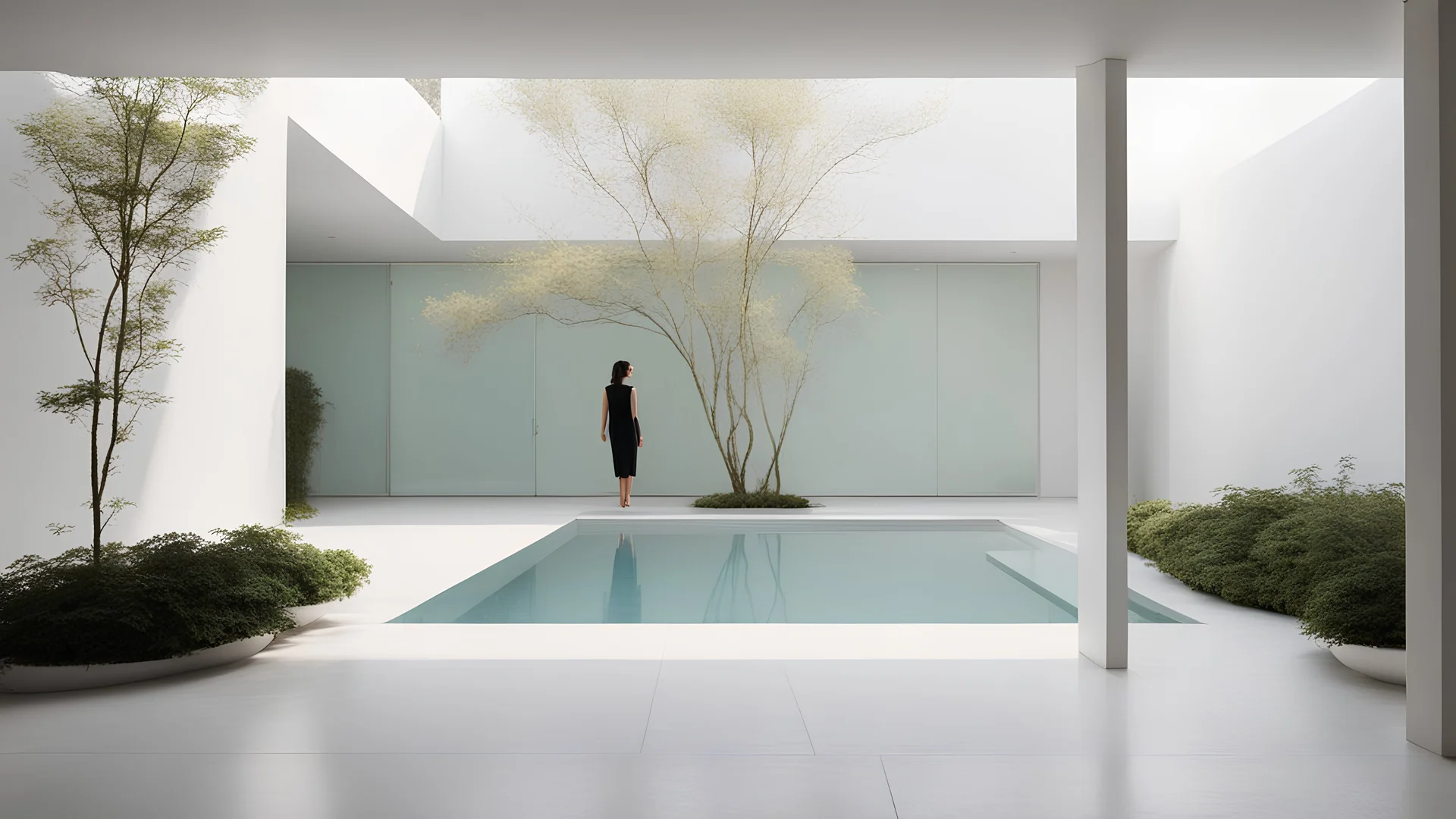 Woman in the foreground dressed in white in a bright white minimalist interior courtyard where the murmur of water whispers and the shadows of some leaves of nearby plants sway