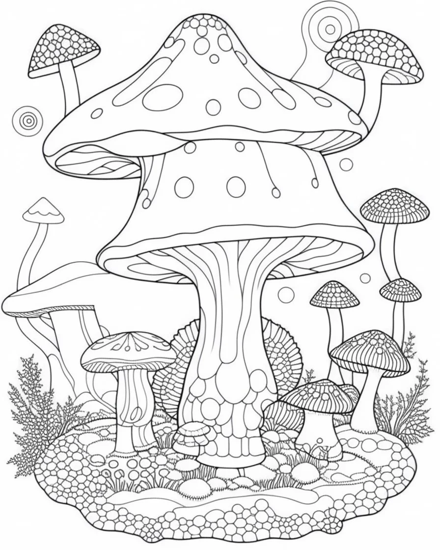 Coloring pages: Whimsical lion in A magical mushroom haven, complete with whimsical fairy houses and enchanting toadstools.