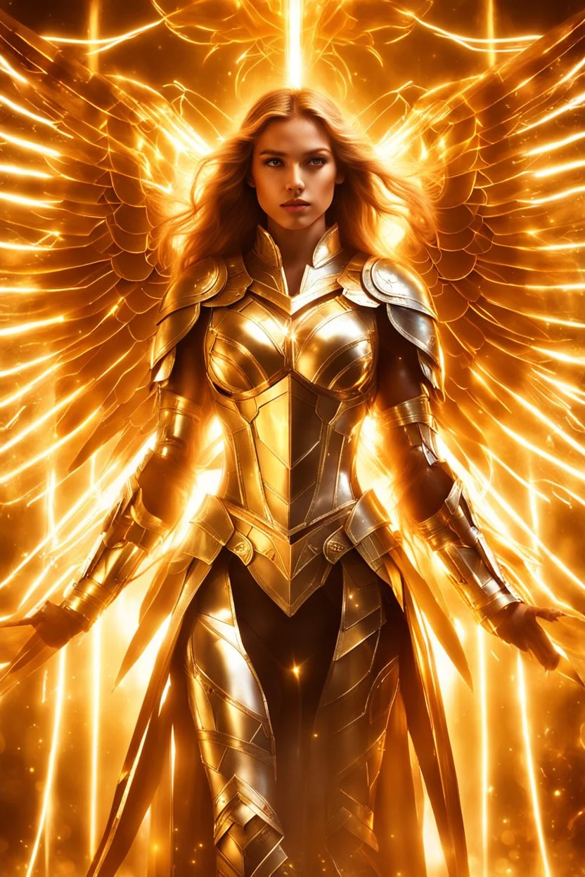 Photograph pretty girl Angel wearing armor long hair stand face front in impact picture,translucent and glowing metallic patterns,glowing metal objects hovering in the air and surrounding him,Electric arcs and sparks,flow of energy,translucent magnetic lines,golden and shimmering light effects