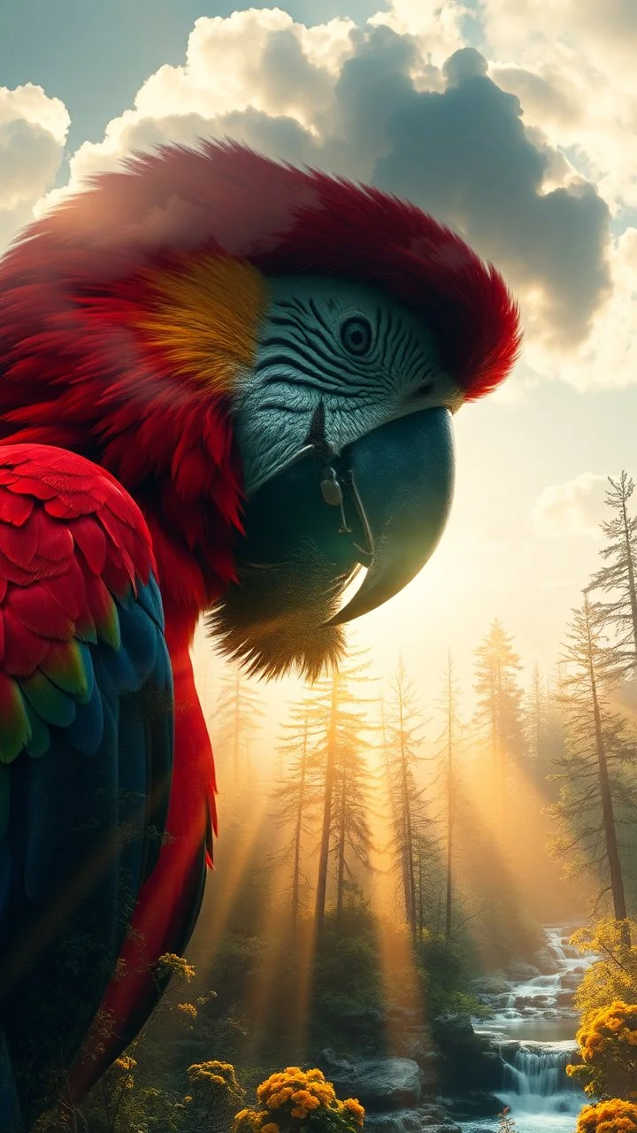 portrait of a colorful parrot Double exposure surreal digital art of a mysterious , his face in profile, blending seamlessly into the shape of the clouds . a magical forest scene unfolds, illuminated by golden light rays, with tall trees and a flowing river.