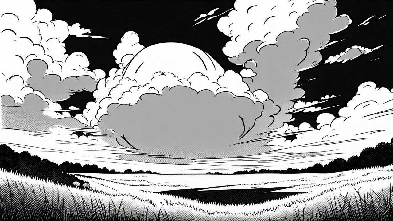 floating eye, anime, monochrome, black background, ink, simple, maximum quality, broken hinge, barely functioning, centered on frame, far view, in the middle of a grassy hill, white sky with cumulonimbus