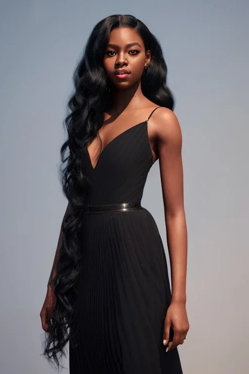 A portrait of a beautiful youthful black woman, wearing a black dress, long hair, black hair, wavy hair, wizard, magical, ethereal, soft bright lighting, Concept art by wlop, Ultra quality 8k, Fantasy.