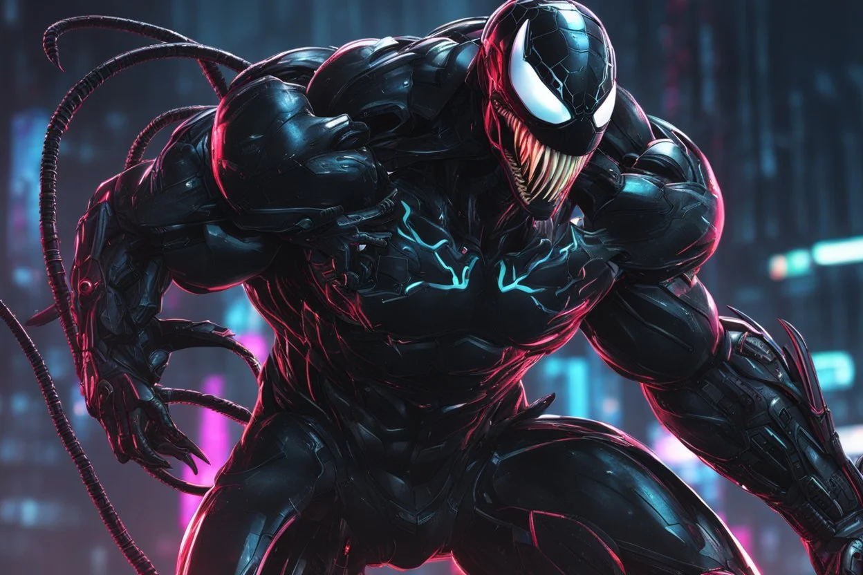 Venom with Body parts mechanism in 8k cyberpunk anime draw style, cyberpunk them, neon effect, rain, close picture, highly detailed, high details, detailed portrait, masterpiece,ultra detailed, ultra quality