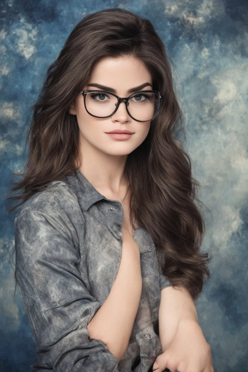 1980's yearbook photo, Lucy Hale/terminator hybrid, 1980's clothing and hair styles, 4k UHD, photorealistic, ((big, full, plump, pouty lips:1.5)) black hair, big cat-eye eyeglasses, dark blue foggy gradated marble wall background - Lucy Hale is so hot it makes me all warm and fuzzy just looking at her face