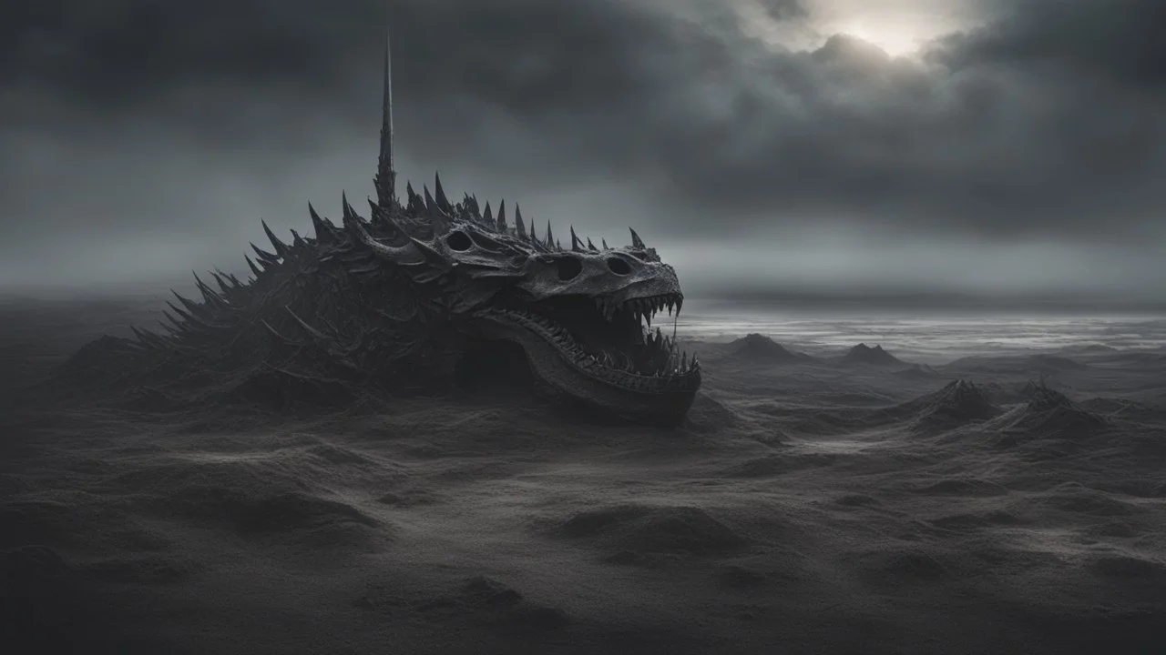 an apocalyptic landscape covered in dark gray dust. ancient battle field. rusty weapon. broken dragon skulls everywhere. dead sun. dark grey mist. dead ocean in the distance. seen from the ground. fantasy, horror. no trees