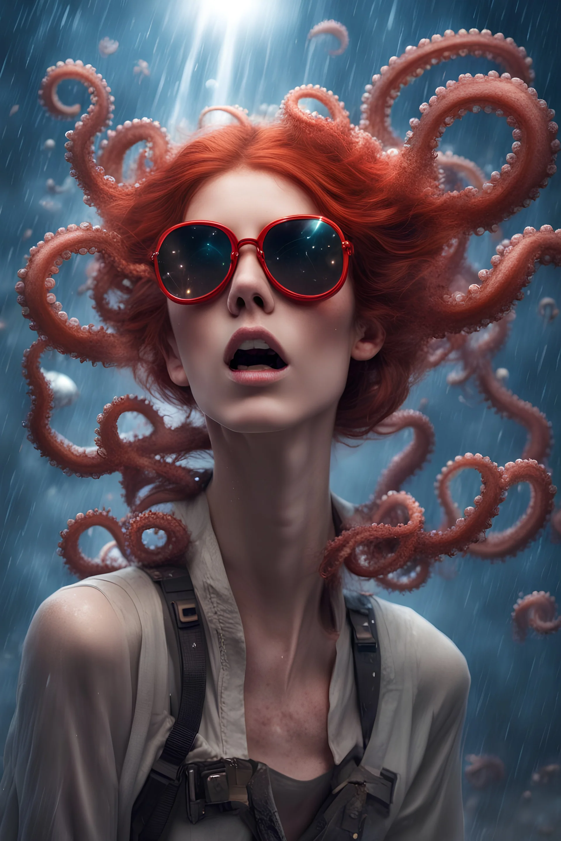 skinny woman clutched by an octopus, hair from octopus tentacles, brown eyes, red hair, octopus on head, falling comets, reflective sunglasses, heavy rain, outer space, shooting stars, dramatic light, laser beams, space war, battlefield