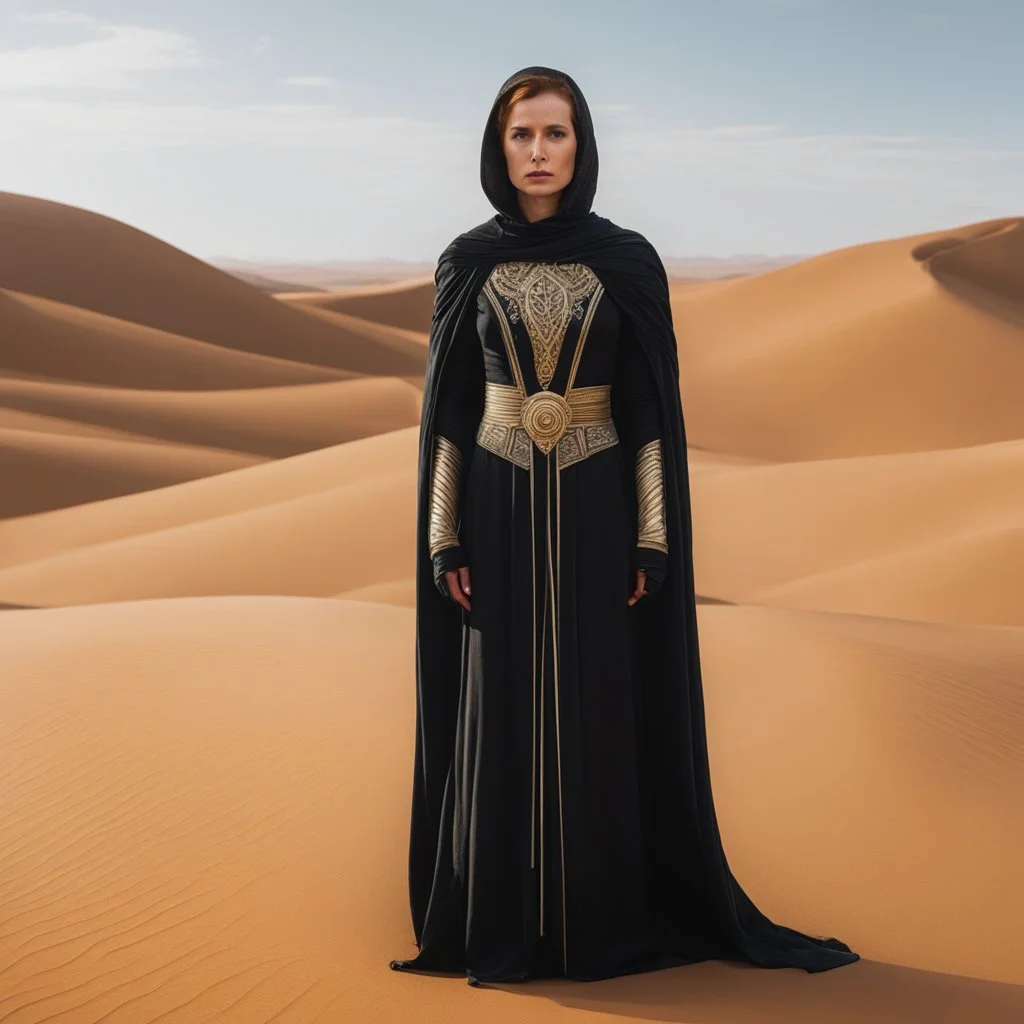 The Bene Gesserit stands amidst the unforgiving desert, adorned in a stillsuit