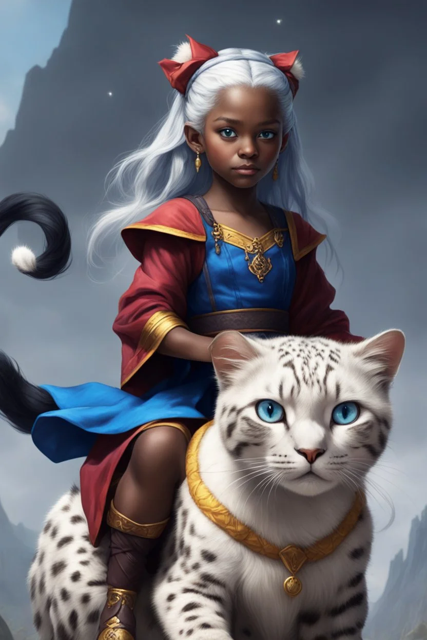 A cute eight-year-old sorceress, with dark skin, straight snow-white hair tied in a braid, with blue eyes, wearing a blue sorcerer gown, riding on the back of a giant yellow leopard cat.