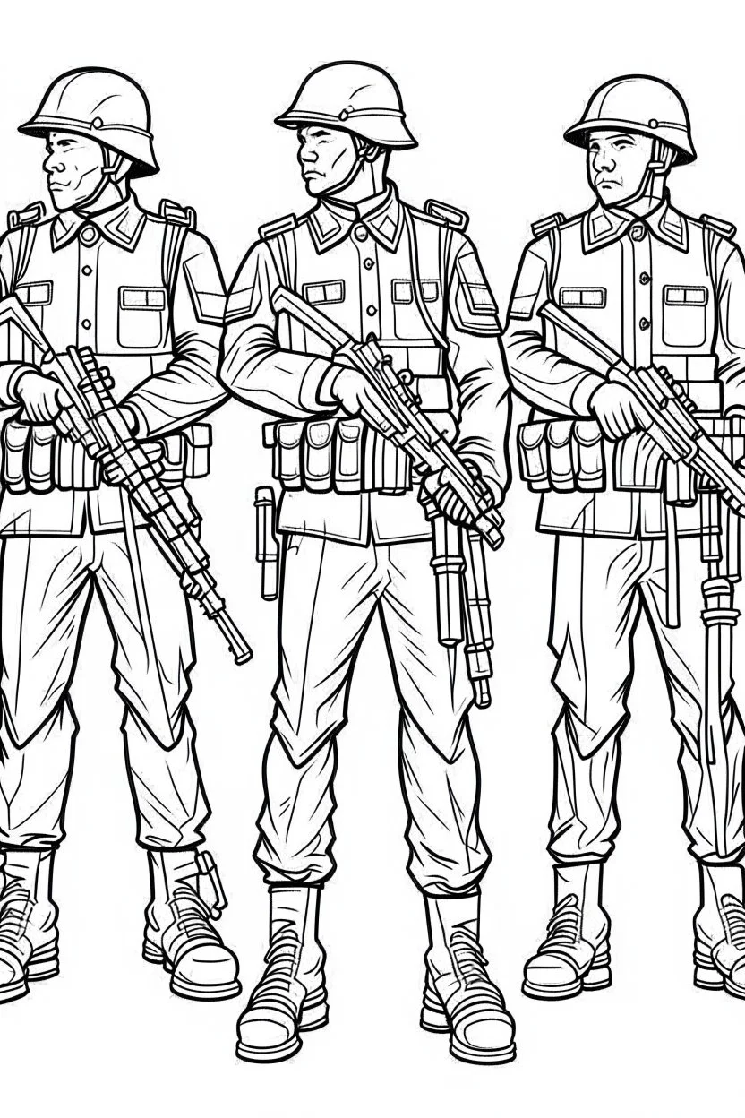 Outline art for coloring page OF A TOY SET OF FOUR SMALL AMERICAN PLASTIC TOY ARMY SOLDIERS, coloring page, white background, Sketch style, only use outline, clean line art, white background, no shadows, no shading, no color, clear